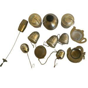 Vintage Metal Tea Infuser Collection 10 Set Chain & Hook Details 2 Strainers